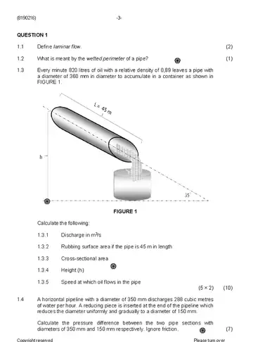 Fluid Mechanics N6 August 2019 question paper, first page of questions