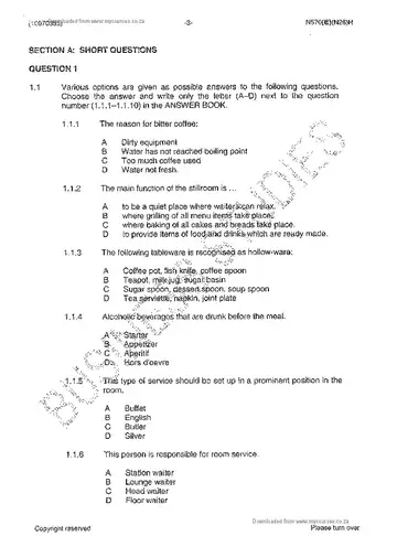 Food and Beverage Services N5 November 2013 question paper, first page of questions
