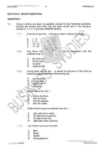 Food and Beverage Services N5 June 2014 question paper, first page of questions