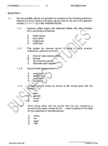Food and Beverage Services N5 November 2014 question paper, first page of questions