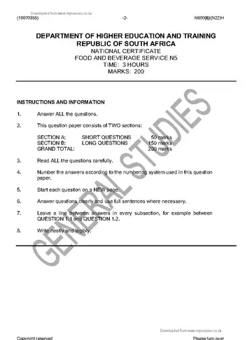 Food and Beverage Services N5 November 2016 question paper, first page of questions