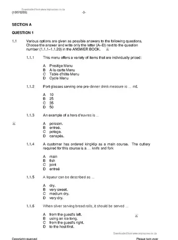 Food and Beverage Services N5 June 2019 question paper, first page of questions