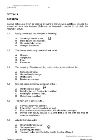 Food and Beverage Services N5 November 2020 question paper, first page of questions