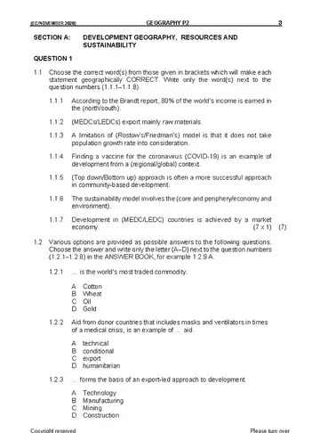 Geography Grade 11 November 2020 Paper 2 question paper, first page of questions