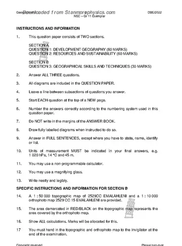 Geography Grade 11 November Exemplar 2022 Paper 2 question paper, first page of questions