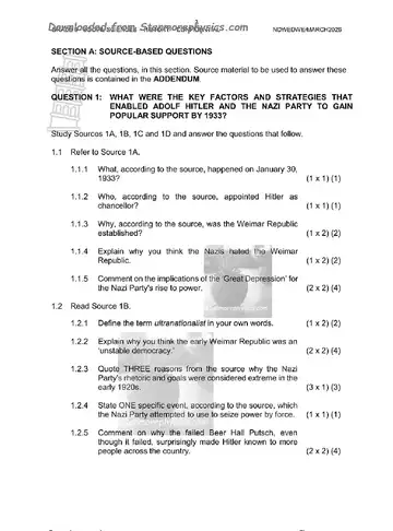History Grade 9 March Test 2026 (KwaZulu-Natal) question paper, first page of questions