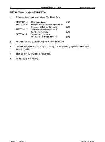 Hospitality Grade 11 November 2022 question paper, first page of questions