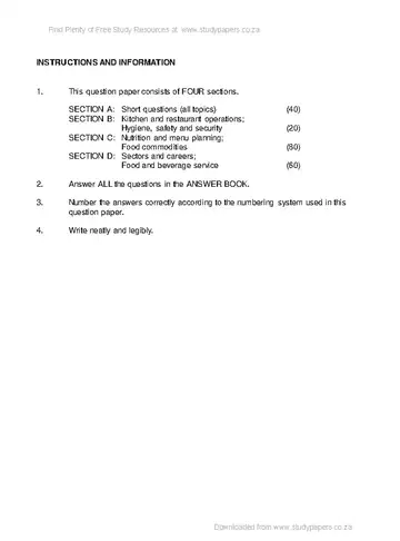 Hospitality Grade 12 Feb/March Supplementary 2017 (National DBE) question paper, first page of questions