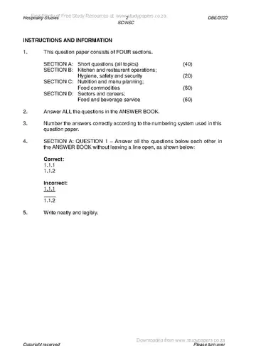 Hospitality Grade 12 May/June 2022 question paper, first page of questions