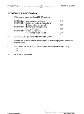 Hospitality Grade 12 November 2023 (National DBE) question paper, first page of questions