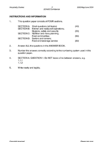 Hospitality Grade 12 May/June 2024 question paper, first page of questions