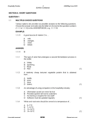 Hospitality Grade 12 May/June 2025 (National DBE) question paper, first page of questions
