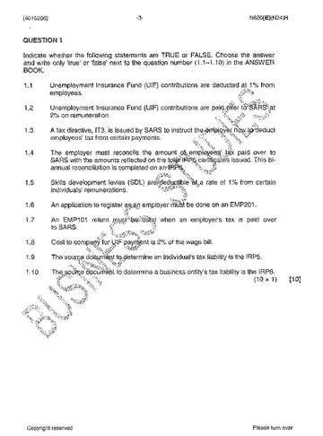 Income Tax N6 November 2014 question paper, first page of questions