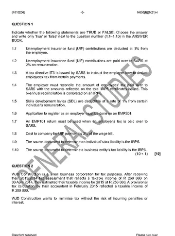 Income Tax N6 November 2016 question paper, first page of questions