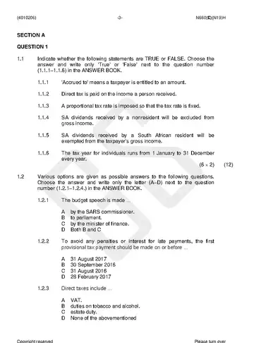 Income Tax N6 November 2018 question paper, first page of questions