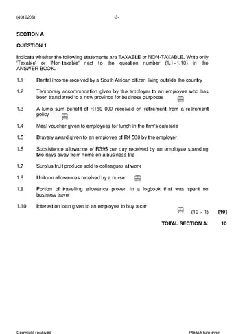 Income Tax N6 November 2019 question paper, first page of questions