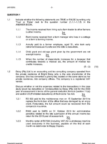 Income Tax N6 November 2020 question paper, first page of questions