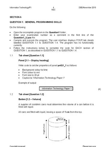 Information Technology Grade 12 November 2018 Paper 1 (National DBE) question paper, first page of questions