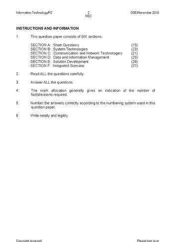 Information Technology Grade 12 November 2018 Paper 2 (National DBE) question paper, first page of questions