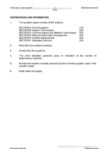 Information Technology Grade 12 November 2021 Paper 2 (National DBE) question paper, first page of questions