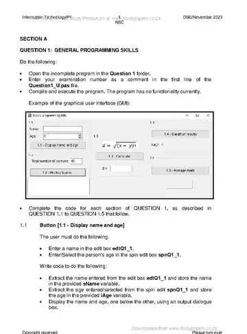 Information Technology Grade 12 November 2023 Paper 1 (National DBE) question paper, first page of questions