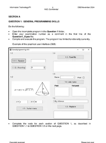 Information Technology Grade 12 November 2024 Paper 1 (National DBE) question paper, first page of questions
