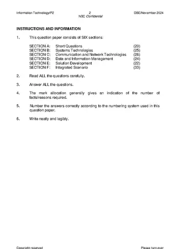 Information Technology Grade 12 November 2024 Paper 2 (National DBE) question paper, first page of questions