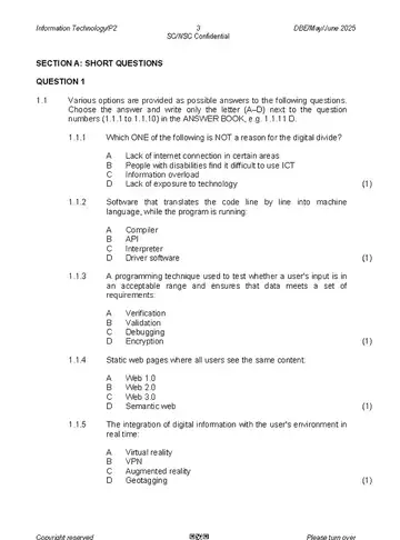 Information Technology Grade 12 May/June 2025 Paper 2 (National DBE) question paper, first page of questions