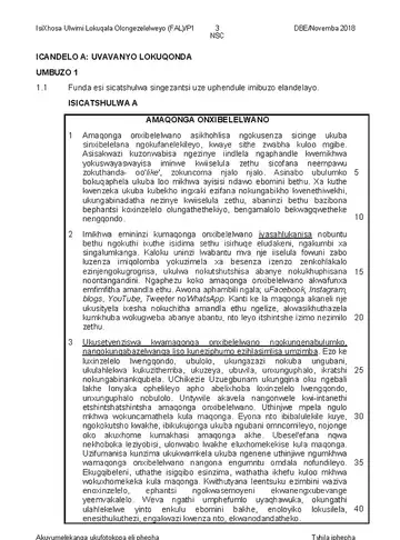 IsiXhosa Language Grade 12 November 2018 Paper 1 (National DBE) question paper, first page of questions