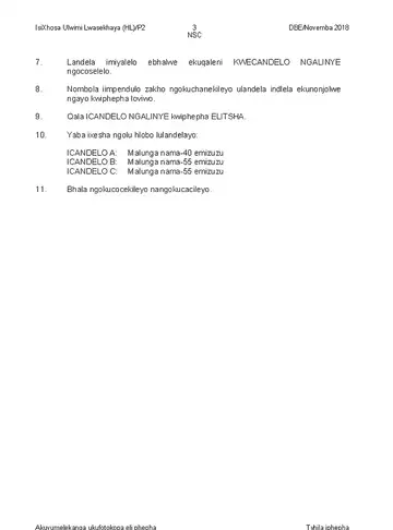 IsiXhosa Language Grade 12 November 2018 Paper 2 (National DBE) question paper, first page of questions