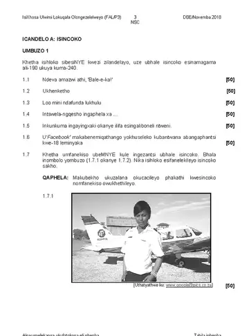 IsiXhosa Language Grade 12 November 2018 Paper 3 (National DBE) question paper, first page of questions