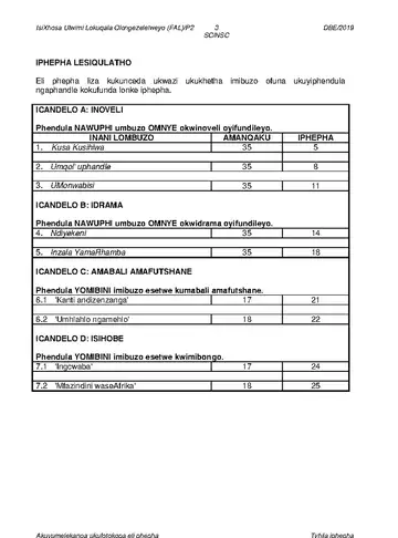 IsiXhosa Language Grade 12 May/June 2019 Paper 2 question paper, first page of questions
