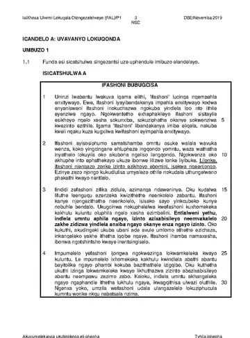 IsiXhosa Language Grade 12 November 2019 Paper 1 (National DBE) question paper, first page of questions