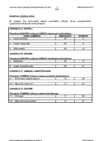 IsiXhosa Language Grade 12 November 2019 Paper 2 (National DBE) question paper, first page of questions