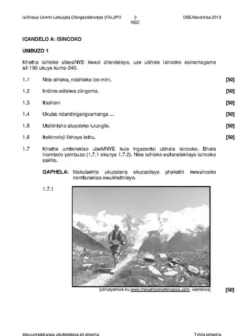 IsiXhosa Language Grade 12 November 2019 Paper 3 (National DBE) question paper, first page of questions