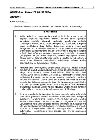 IsiXhosa Language Grade 12 September Trial 2020 Paper 1 question paper, first page of questions