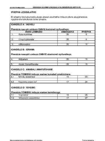 IsiXhosa Language Grade 12 September Trial 2020 Paper 2 question paper, first page of questions