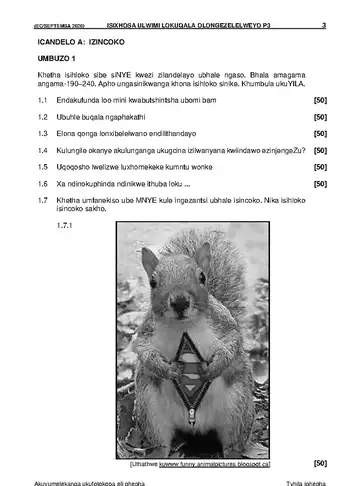 IsiXhosa Language Grade 12 September Trial 2020 Paper 3 question paper, first page of questions
