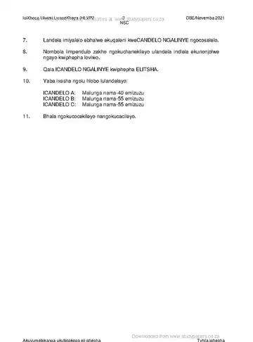 IsiXhosa Language Grade 12 November 2021 Paper 2 (National DBE) question paper, first page of questions