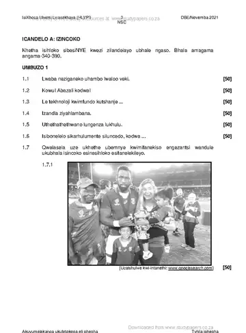 IsiXhosa Language Grade 12 November 2021 Paper 3 (National DBE) question paper, first page of questions