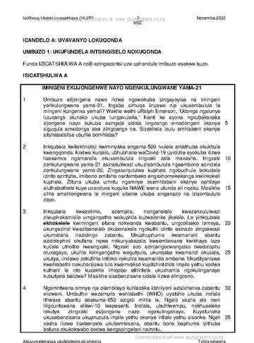 IsiXhosa Language Grade 12 November 2022 Paper 1 (National DBE) question paper, first page of questions