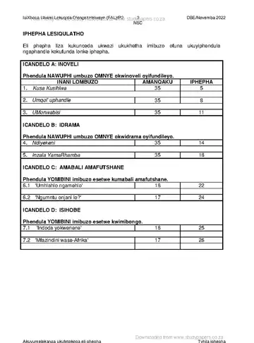 IsiXhosa Language Grade 12 November 2022 Paper 2 (National DBE) question paper, first page of questions