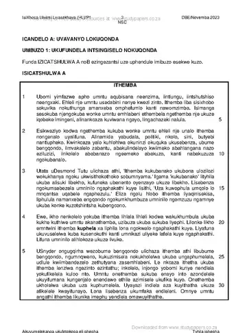 IsiXhosa Language Grade 12 November 2023 Paper 1 (National DBE) question paper, first page of questions