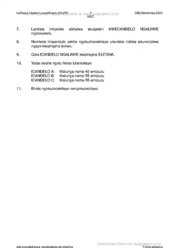 IsiXhosa Language Grade 12 November 2023 Paper 2 (National DBE) question paper, first page of questions