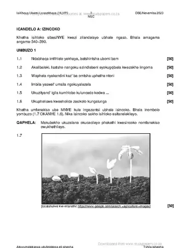 IsiXhosa Language Grade 12 November 2023 Paper 3 (National DBE) question paper, first page of questions