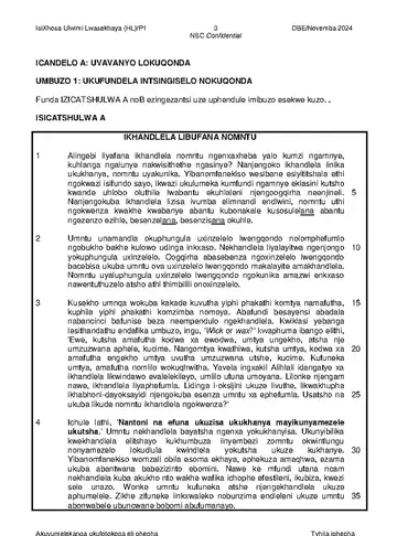 IsiXhosa Language Grade 12 November 2024 Paper 1 (National DBE) question paper, first page of questions