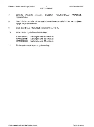 IsiXhosa Language Grade 12 November 2024 Paper 2 (National DBE) question paper, first page of questions