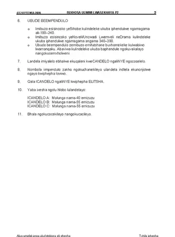 IsiXhosa Language Grade 12 September Trial 2026 Paper 2: Home Language (Eastern Cape) question paper, first page of questions