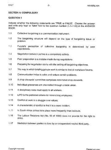 Labour Relations N6 June 2013 question paper, first page of questions
