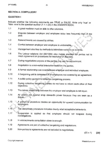 Labour Relations N6 November 2013 question paper, first page of questions